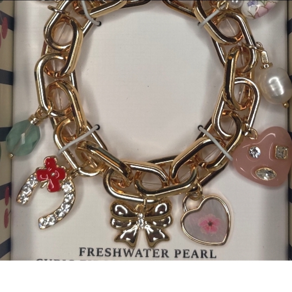 Piper K Freshwater Pearl Cubic Zirconia & Glass Stones Gold Stretch Bracelet - Picture 5 of 5